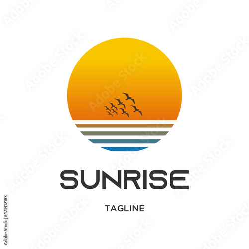 logo design vector illustration icon sunrise, sunset and blue sea with flying birds