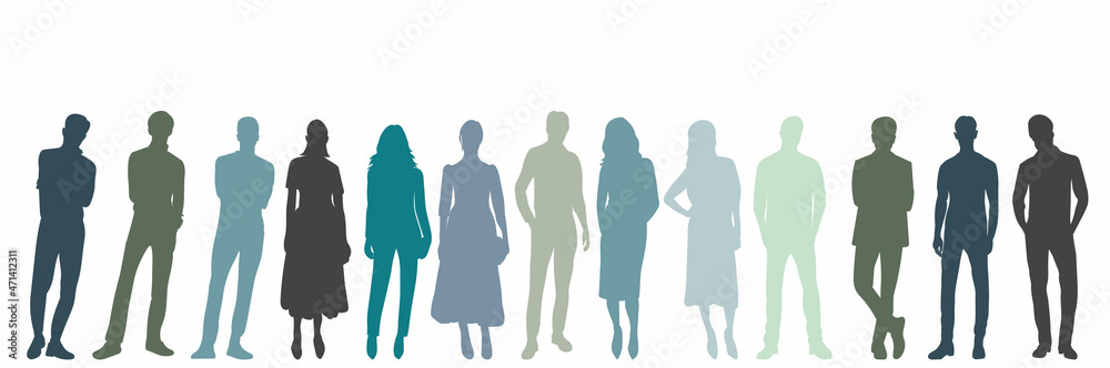 silhouette people stand, isolated, vector