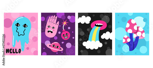 Comic characters posters. Psychedelic 80s objects print collection, bright emoji, hand drawn postcards. Mushroom smile and planets, abstract background vector cartoon illustration
