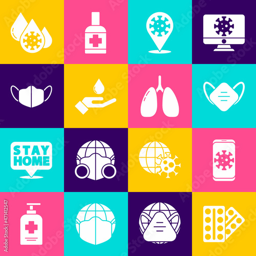 Set Pills in blister pack, Virus statistics on mobile, Medical protective mask, Corona virus 2019-nCoV location, Washing hands with soap, Blood test and Lungs icon. Vector