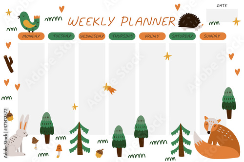 Weekly planner. Forest animals cartoon notebook sheet template, woodland poster for kids, scandinavian childish stationery design, cute fox, hare and bird, vector comic flat style isolated concept