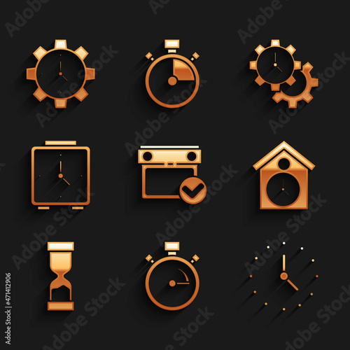 Set Calendar with check mark, Stopwatch, Clock, Retro wall, Old hourglass, Alarm clock, Time Management and icon. Vector