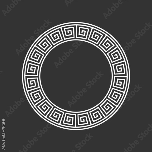 Ancient abstract ornament. Greek style art design element. Decorative circular frame. Round aztec pattern. Geometric rosette element. Circular meander template. Vector illustration, flat, clip art.