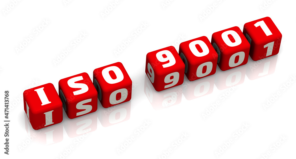 ISO 9001 text composed from red cubes. Abbreviation ISO 9001 is made from red cubes arranged in a row on a white surface. 3D illustration ISO 9001 text composed from red cubes. Abbreviation ISO 9001 is made from red cubes arranged in a row on a white surface. 3D illustration