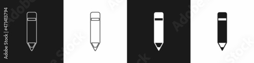 Set Pencil with eraser icon isolated on black and white background. Drawing and educational tools. School office symbol. Vector