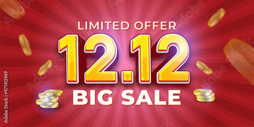1212 shopping day big sale with flying coin icon on red background