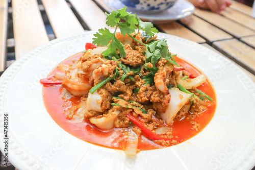 stir-fried seafood in curry powder, stir fried squid in yellow curry or Stir-fried squid and Stir-fried shrimp