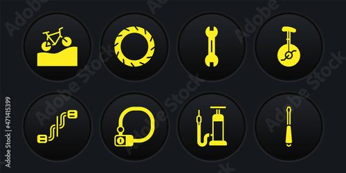 Set Bicycle pedals, Unicycle or one wheel bicycle, lock, air pump, Wrench spanner, tire, Screwdriver and Mountain icon. Vector