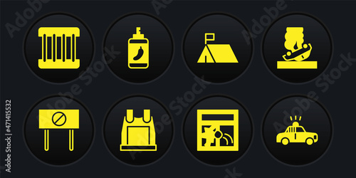 Set Protest, Burning car, Bulletproof vest, Broken window, camp, Pepper spray, Police and flasher and Prison icon. Vector