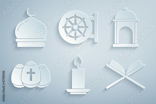 Set Burning candle, Muslim Mosque, Easter egg, Holy book of Koran, Dharma wheel and icon. Vector