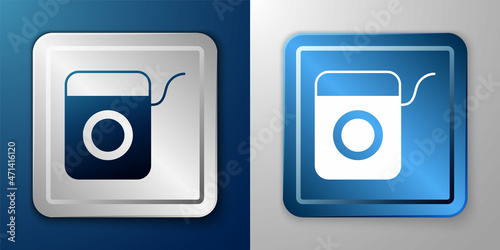 White Dental floss icon isolated on blue and grey background. Silver and blue square button. Vector