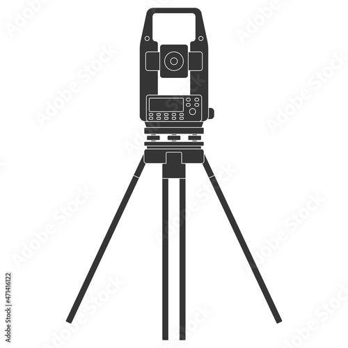 Theodolite on tripod icon for web, mobile and infographics. Vector dark grey icon isolated on white background.
