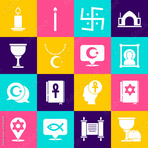 Set Holy grail or chalice, Jewish torah book, Christian icon, Hindu swastika, Star and crescent chain, Burning candle and icon. Vector