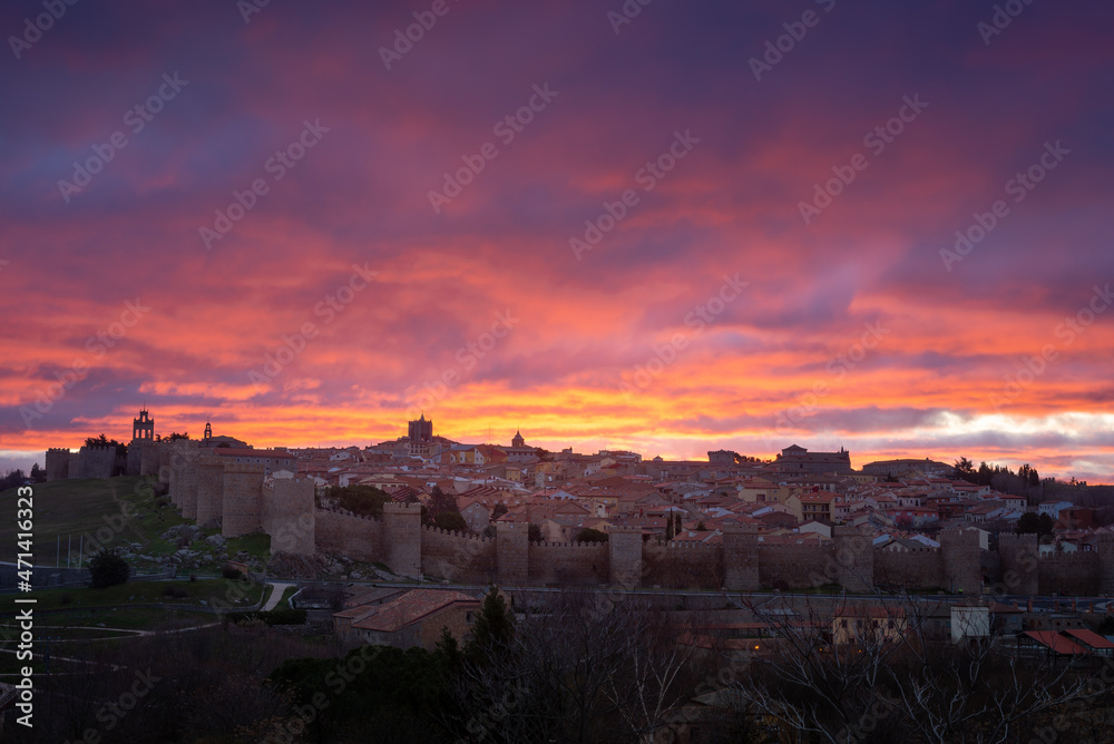 Panoramic view of  Avila from Los Cuatro Postes Calvary, Spain