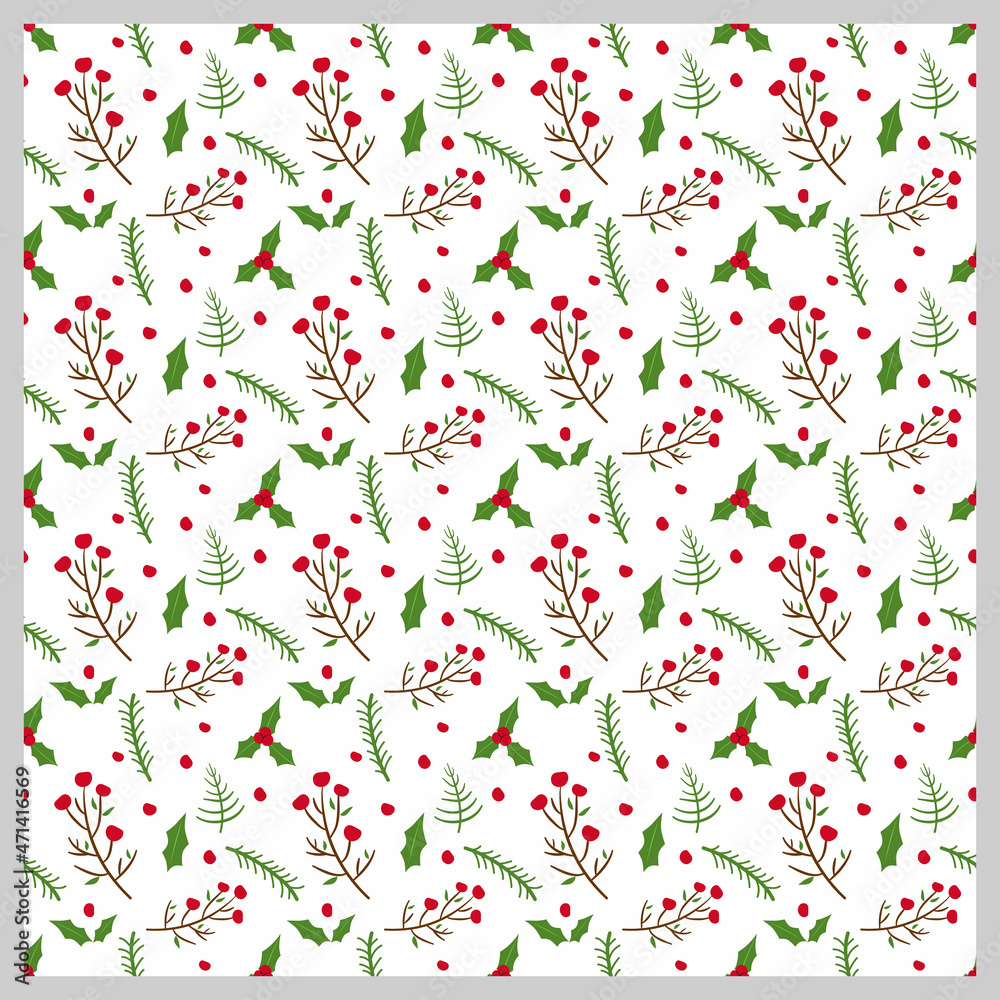 Christmas floral seamless pattern. Flat vector design for background, wallpaper, wrapping, texture, printing and scrapbook.