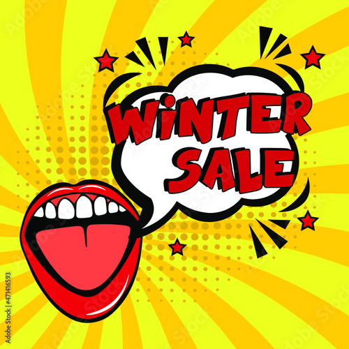 winter sale. Comic book explosion with text -  winter sale. Vector bright cartoon illustration in retro pop art style. Can be used for business  marketing and advertising.  Banner flyer pop art comic 