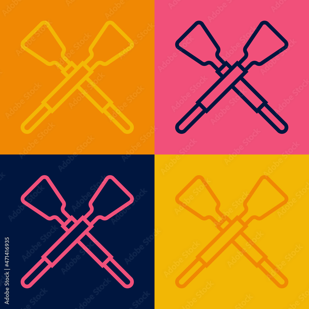 Obraz premium Pop art line Crossed oars or paddles boat icon isolated on color background. Vector
