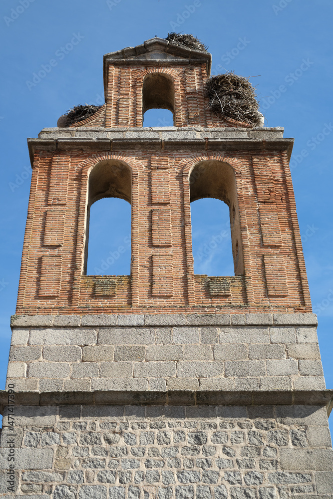 Close-up of the bell gable with bird nest at the Ruins of the college of San Jerónimo in Ávila, Spain. The Order of San Jerónimo made its last male foundation in Ávila in 1606.