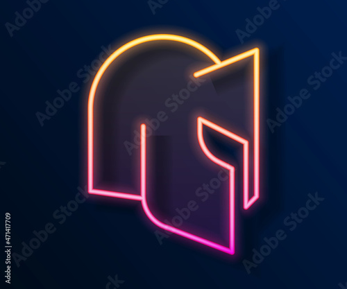 Glowing neon line Medieval iron helmet for head protection icon isolated on black background. Knight helmet. Vector