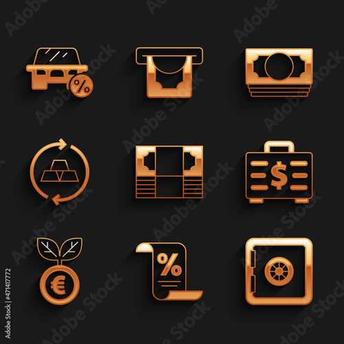 Set Stacks paper money cash, Finance document, Safe, Briefcase and, Euro plant, Gold bars, and Car leasing percent icon. Vector