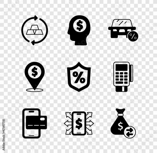 Set Gold bars, Business man planning mind, Car leasing percent, Mobile banking, Smartphone with dollar, Money bag, Cash location and Loan icon. Vector