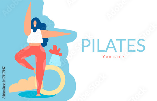 Pilates poster. Funny woman doing fitness exercise