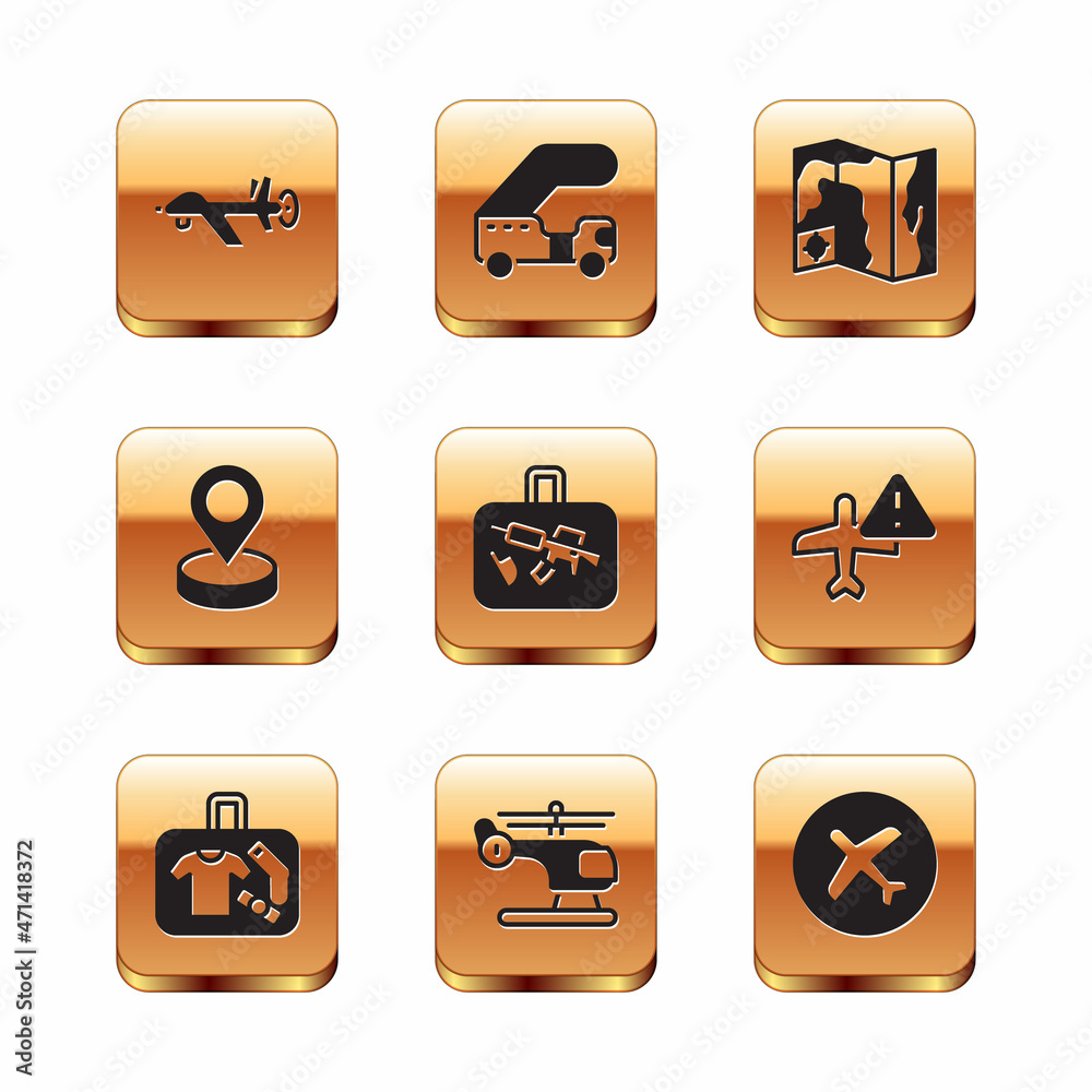 Set UAV Drone, Suitcase, Helicopter, Location, World travel map, Plane and Passenger ladder icon. Vector