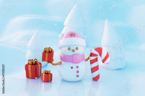 Christmas winter background with snowman and snowflakes