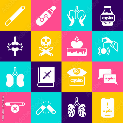Set No smoking, Hypnosis, Lungs, Bones and skull, Joint pain, knee pain, Cigarette and Heartbeat increase icon. Vector