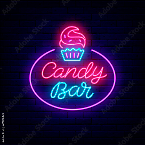 Candy bar neon lettering signboard. Sweet shop label. Cupcake icon on brick wall. Isolated vector illustration