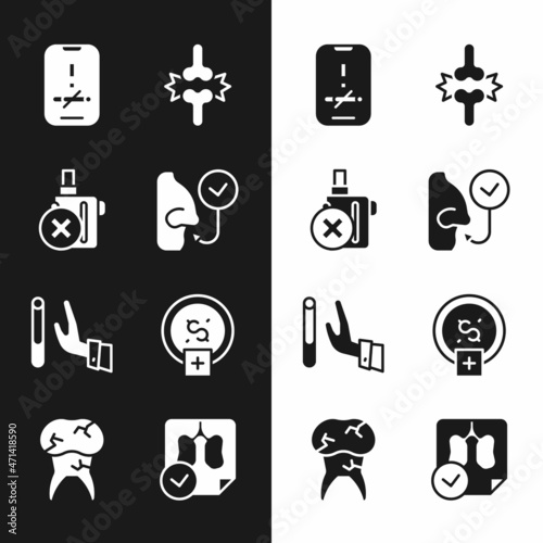 Set Healthy breathing, No electronic cigarette, smoking, Joint pain, knee pain, Giving up, Stop money saving, Lungs x-ray diagnostics and Tooth with caries icon. Vector