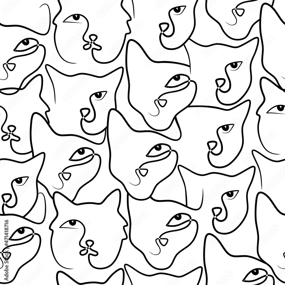 Continuous one single line of cute cat faces seamless pattern isolated on white background minimalism design. Continuous one single line of cute cat faces seamless pattern isolated on white background minimalism design.