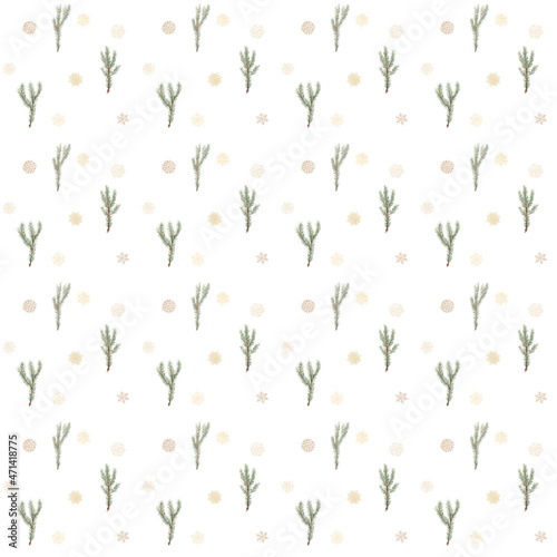 Watercolor illustration. Seamless Christmas pattern with fir branches and snowflakes