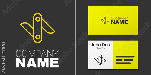 Logotype line Swiss army knife icon isolated on grey background. Multi-tool, multipurpose penknife. Multifunctional tool. Logo design template element. Vector