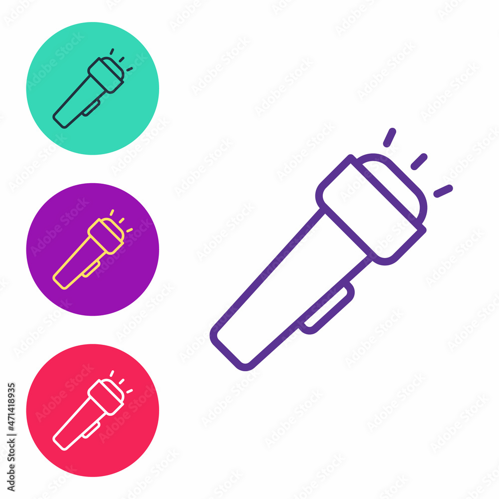 Set line Flashlight icon isolated on white background. Set icons colorful. Vector Set line Flashlight icon isolated on white background. Set icons colorful. Vector