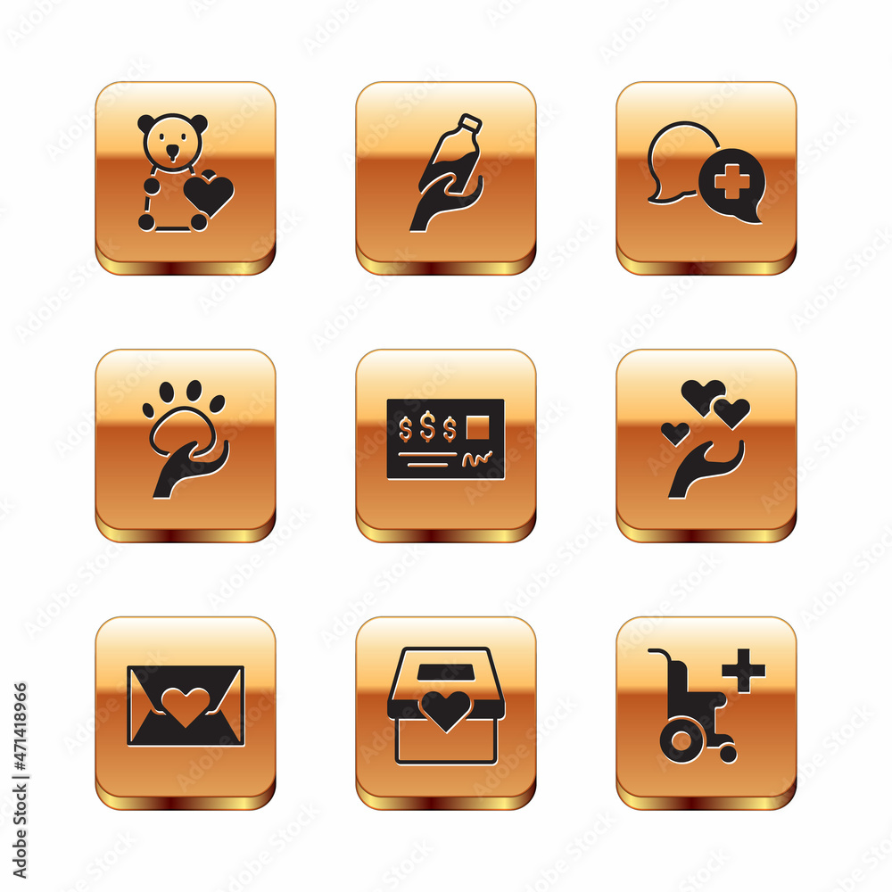 Set Donate child toys, Envelope with heart, Donation and charity, Bank check, Animal volunteer, Dialogue doctor, Wheelchair for disabled person and water icon. Vector Set Donate child toys, Envelope with heart, Donation and charity, Bank check, Animal volunteer, Dialogue doctor, Wheelchair for disabled person and water icon. Vector
