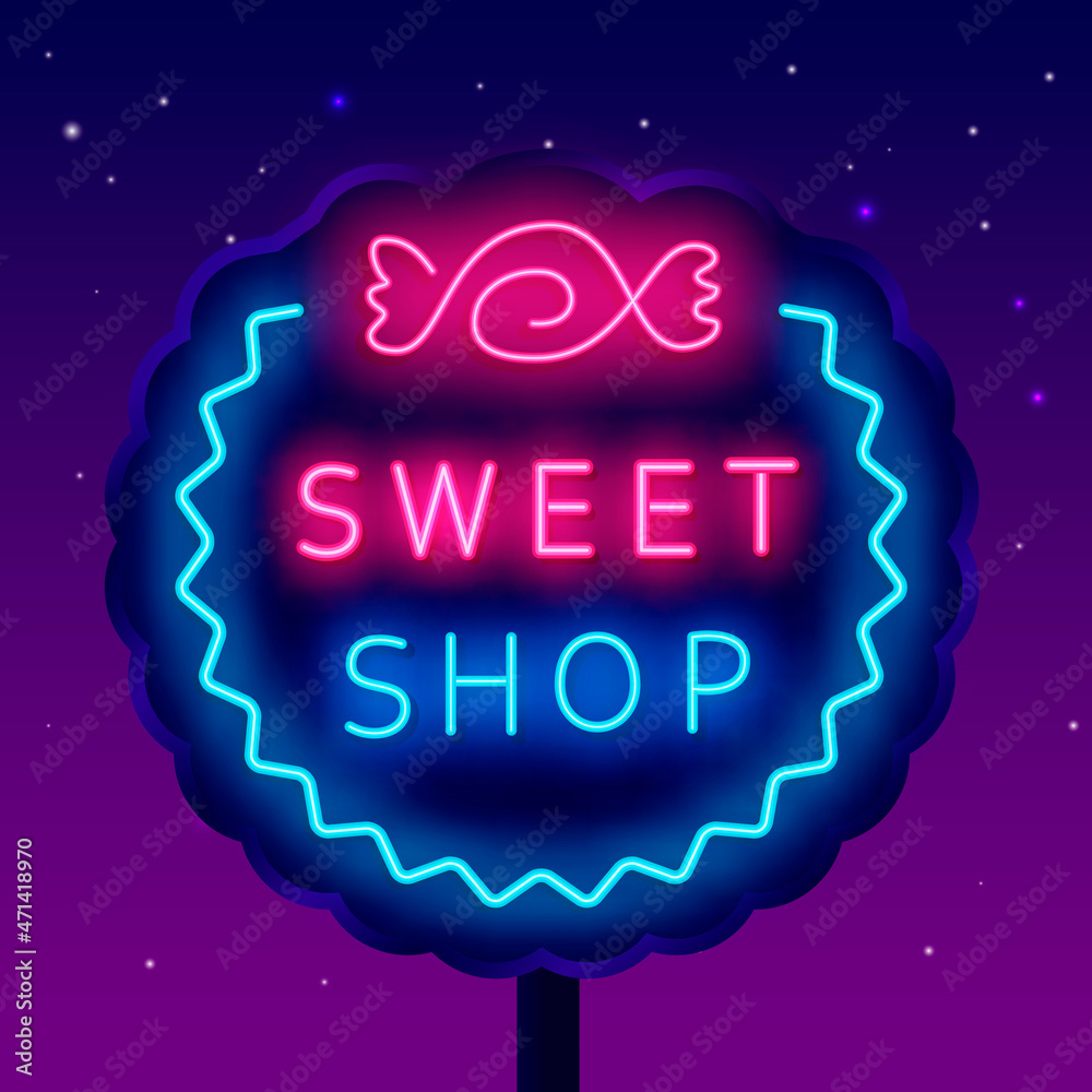 Sweet shop neon billboard with candy. Night bright signboard. Luminous label. Isolated vector illustration