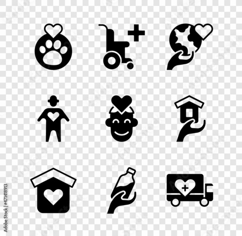 Set Heart with animals footprint, Wheelchair for disabled person, Hand holding Earth globe, Shelter homeless, Donation water, Humanitarian truck, Volunteer and icon. Vector