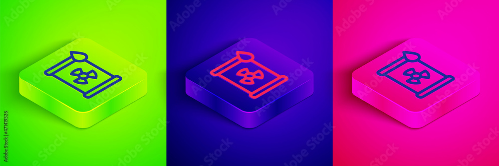Isometric line Radioactive waste in barrel icon isolated on green, blue and pink background. Toxic refuse keg. Radioactive garbage emissions, environmental pollution. Square button. Vector Isometric line Radioactive waste in barrel icon isolated on green, blue and pink background. Toxic refuse keg. Radioactive garbage emissions, environmental pollution. Square button. Vector