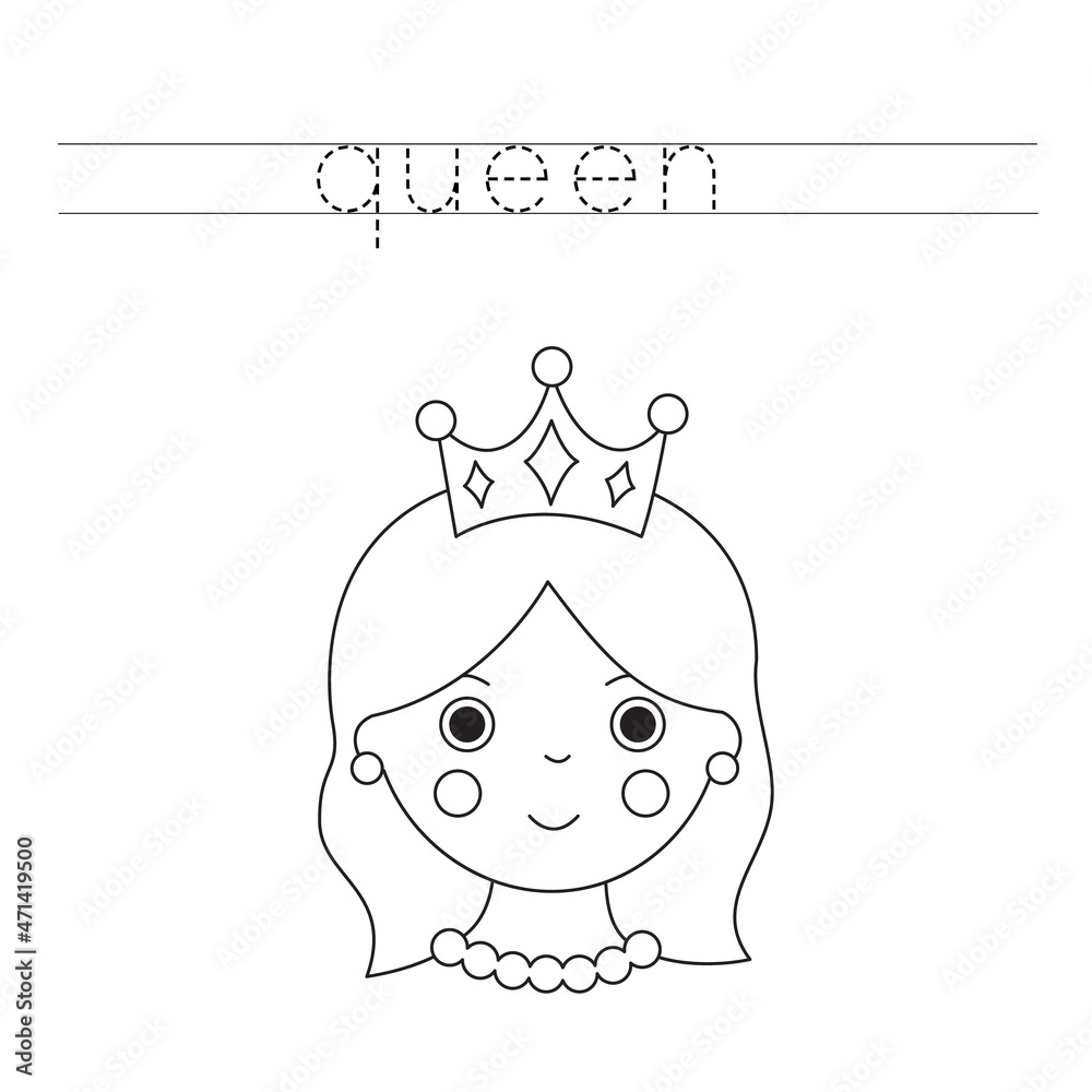Trace word and color cute cartoon queen. Stock Vector | Adobe Stock
