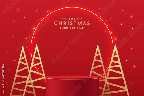 Red realistic 3d cylinder pedestal podium with glowing circle neon and golden triangle christmas tree. Merry christmas scene for Promotion display, Product showcase. Vector abstract studio room.