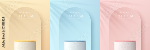 Set of pink, yellow, blue and white realistic 3d cylinder stand podium in arch scene. Vector abstract studio room with geometric platform. Minimal wall scene for products showcase, Promotion display.