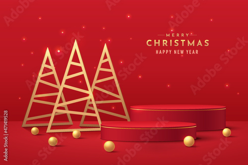 Red realistic 3d cylinder pedestal podium set with golden triangle christmas tree and sphere balls. Minimal merry christmas scene for Promotion display, Product showcase. Vector abstract studio room.
