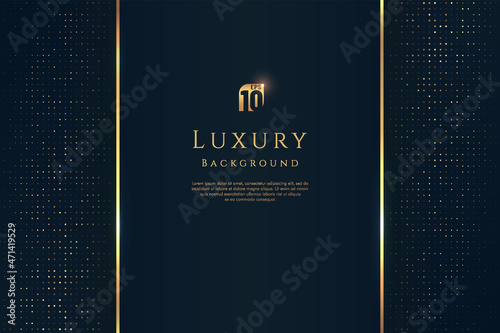 Luxury dark navy blue vertical stripe with gold rectangle border on glowing golden glitter pattern background. VIP invitation abstract banner design. Premium and elegant. Vector illustration.