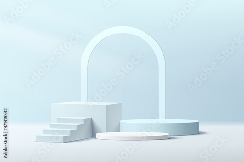 Realistic 3D white and blue geometric pedestal podium set with stair and lighting. Pastel blue minimal scene for products showcase, Promotion display. Vector abstract studio room platform design.