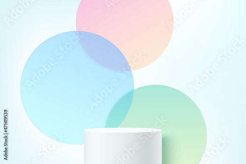 Realistic 3D white cylinder stand podium with colorful circle glass overlap backdrop. Vector abstract studio room with geometric platform. Pastel minimal scene for products showcase, Promotion display