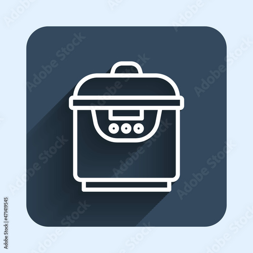 White line Slow cooker icon isolated with long shadow background. Electric pan. Blue square button. Vector