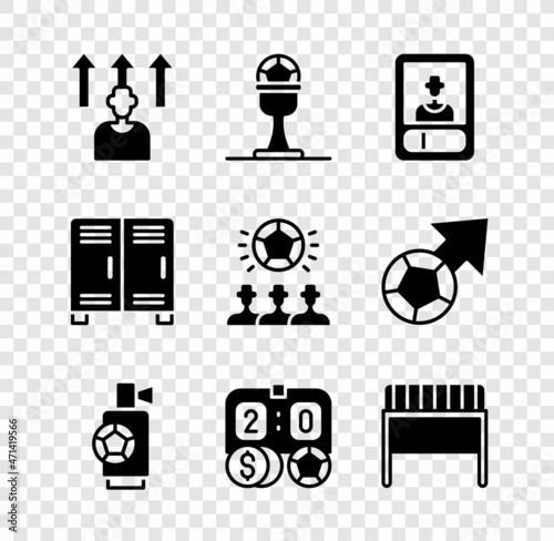 Set Football or soccer player, Award cup and football, card, Air horn, betting money, goal, Locker changing room and Soccer icon. Vector