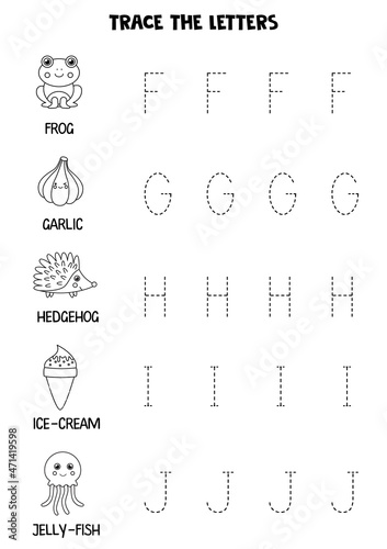 Learning alphabet. Tracing letters. Black and white.