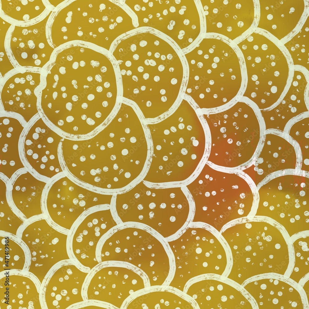 Seamless hand-drawn pattern. White circles, dots, lines on a yellow background. Design of background, wallpaper, textiles, fabric, background, packaging.